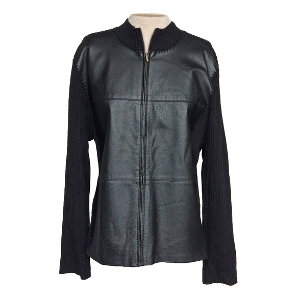 Melrose Sweaters - Melrose Black Leather Front Zip Sweater XL